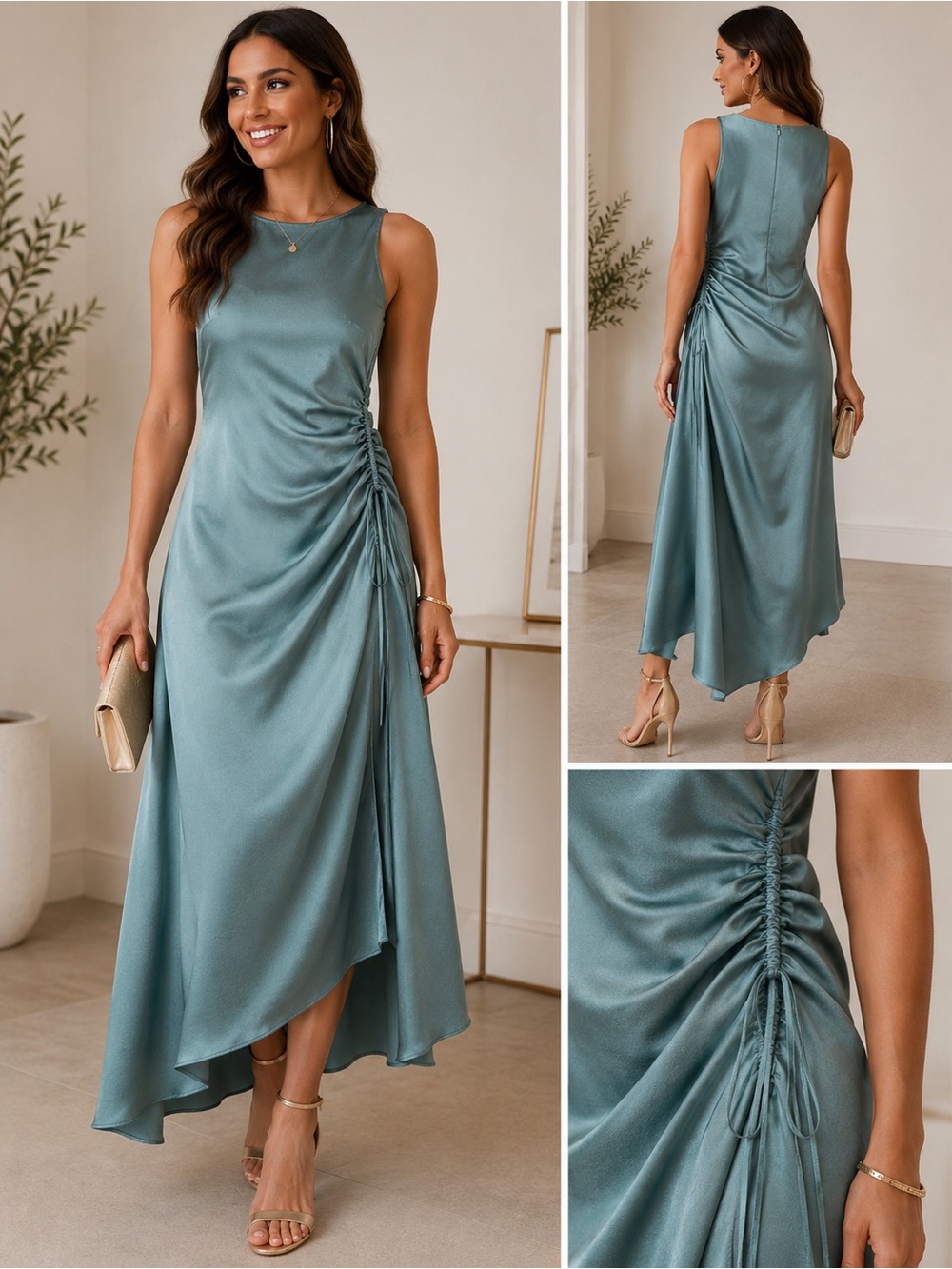 Luxely Sage Satin Ruched Midi Dress Asymmetrical Hem Size 16 NWT